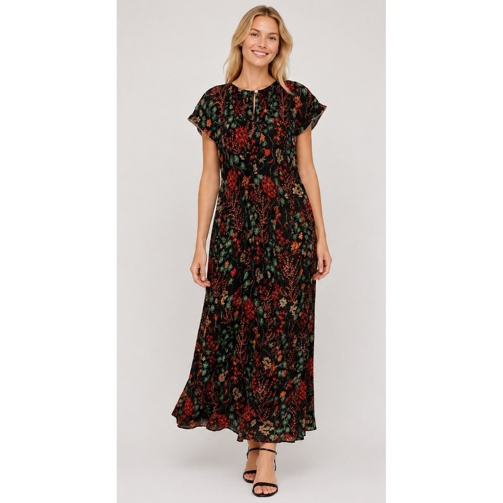 Chufy Nile Tales Silk Maxi Dress Botanical Egypt Print Luxury‎ Resort Size Small